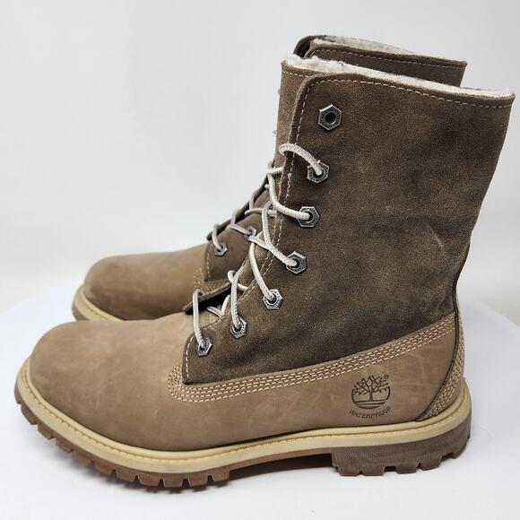 Timberland Teddy Fleece Fold Down Boots Women 7 Taupe Leather Waterproof Lace-up - Picture 6 of 16